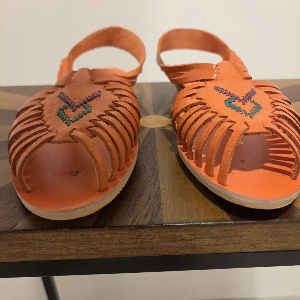 True Vintage 70s Foot Niks Sandals Shoes US 7B Orange Leather Boho Hippie Gypsy